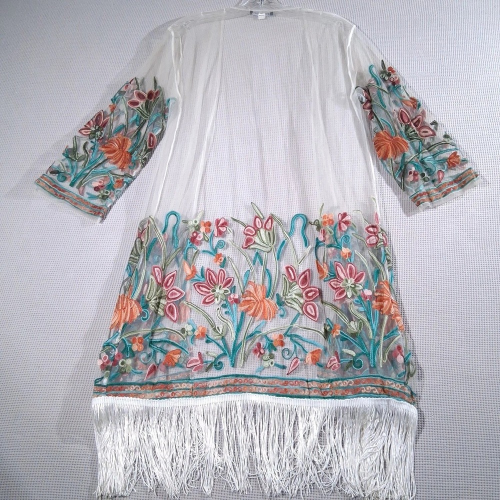 Floral Embroidered Mesh Kimono Duster Fringe White Sheer Bohemian Colorful OS